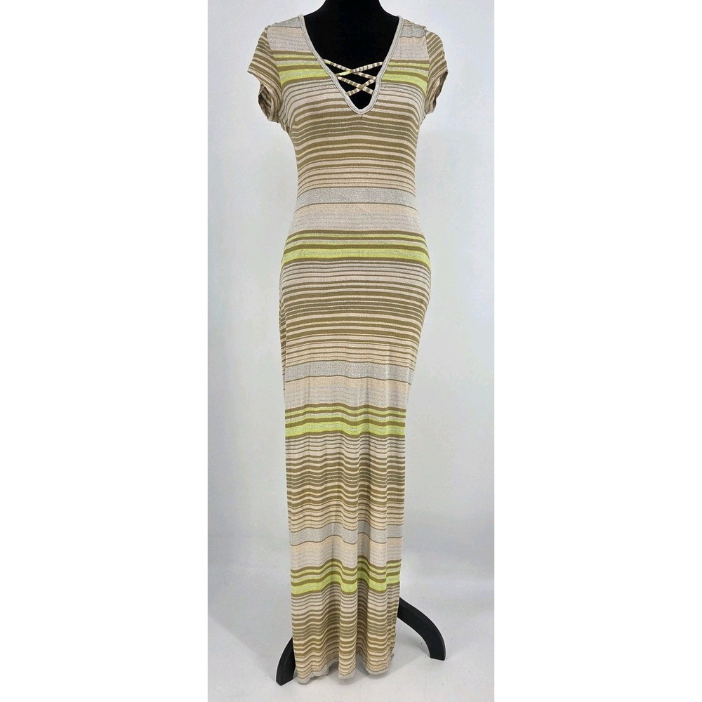 Bebe Multi-Color Striped‎ Maxi Dress Large Brown Yellow Silver Lined